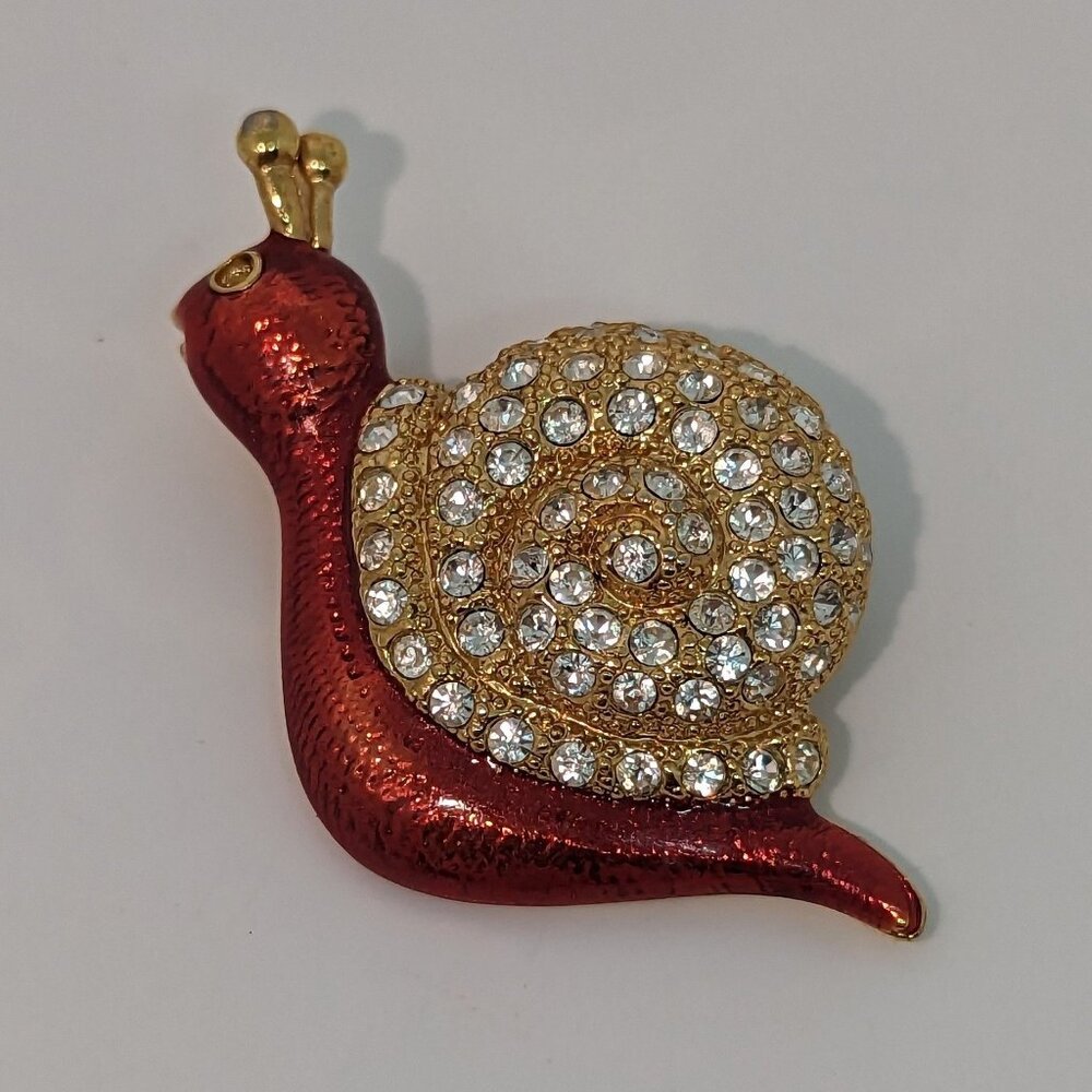 Vintage Signed Roman Red & Gold Tone Snail Brooch Rhinestones Whimsical